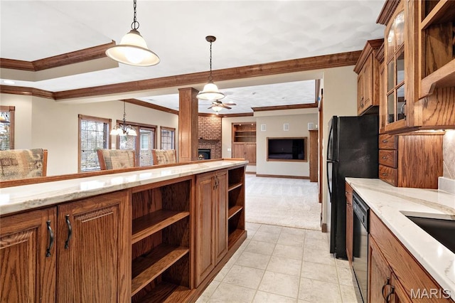kitchen with crown molding, a fireplace, open shelves, brown cabinets, and black appliances