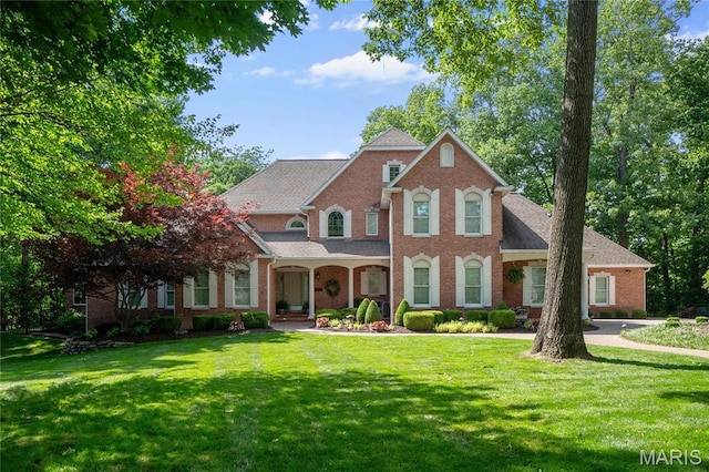 georgian-style home with brick siding, a front yard, and roof with shingles
