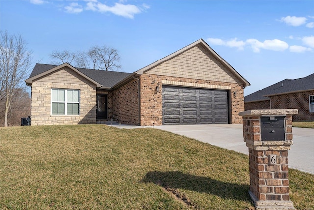 ranch-style home with driveway, a front yard, an attached garage, and brick siding