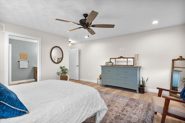bedroom with light wood-style floors, baseboards, recessed lighting, and ceiling fan