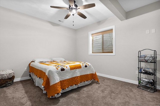 bedroom featuring carpet, baseboards, and ceiling fan
