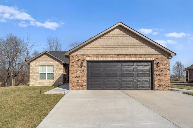 single story home featuring a front lawn, brick siding, concrete driveway, and an attached garage