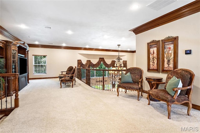 sitting room featuring ornamental molding, light colored carpet, baseboards, a chandelier, and recessed lighting