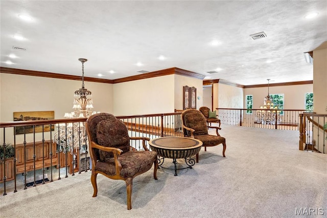 sitting room with a chandelier, carpet, ornamental molding, an upstairs landing, and recessed lighting