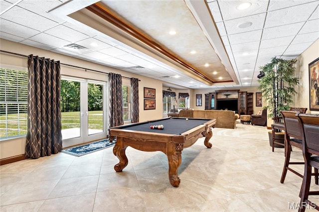 playroom with pool table, french doors, light tile patterned flooring, and baseboards