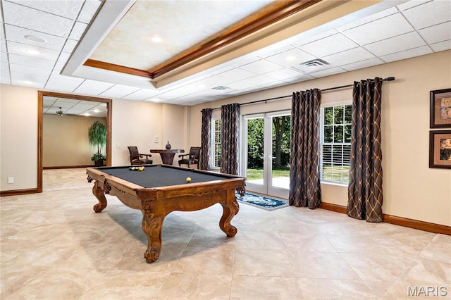 playroom with baseboards, pool table, and a raised ceiling