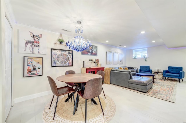 4561 Laclede Ave Unit B, Saint Louis, MO 63108 - dining space with recessed lighting, crown molding, a chandelier, and baseboards