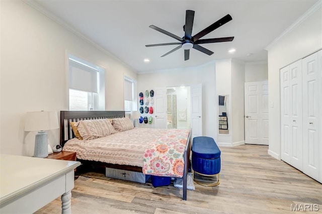 4561 Laclede Ave Unit B, Saint Louis, MO 63108 - bedroom with ornamental molding, recessed lighting, light wood finished floors, a closet, and ensuite bathroom
