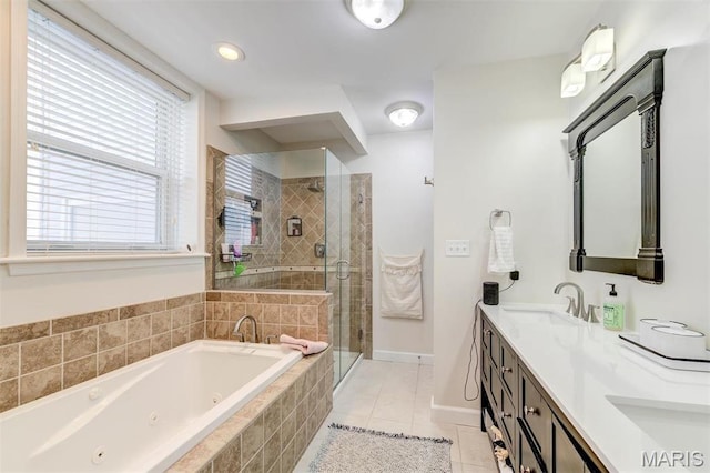 4561 Laclede Ave Unit B, Saint Louis, MO 63108 - full bath featuring a tub with jets, double vanity, a stall shower, tile patterned flooring, and baseboards