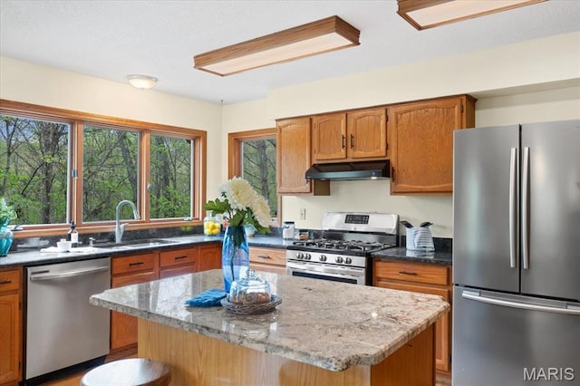 1346 Forest Splendor Trl, Wildwood, MO 63021 - kitchen featuring stainless steel appliances, under cabinet range hood, a sink, dark stone counters, and brown cabinets