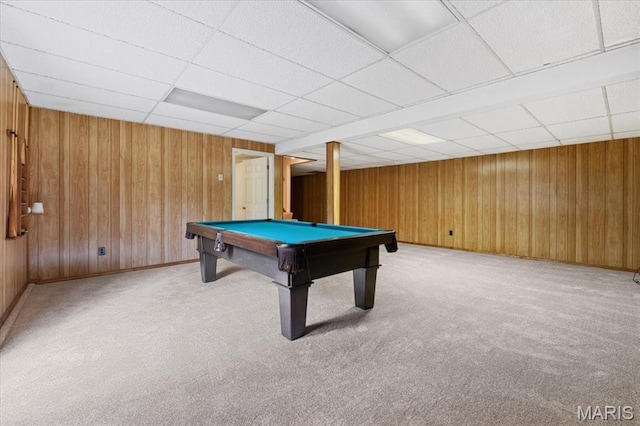 1346 Forest Splendor Trl, Wildwood, MO 63021 - playroom with a drop ceiling, carpet, billiards table, baseboards, and wooden walls