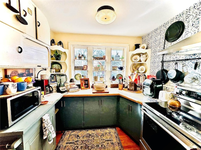 207 S Main St, Licking, MO 65542 - kitchen with stainless steel electric stove, light countertops, and dark wood-type flooring