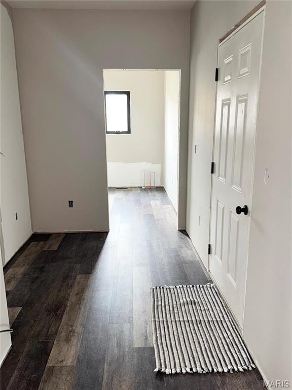 corridor featuring wood finished floors and radiator heating unit