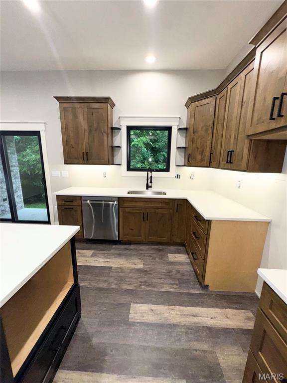 615 Scottsvale Dr, Rolla, MO 65401 - kitchen with dishwasher, open shelves, a sink, dark wood-style floors, and recessed lighting