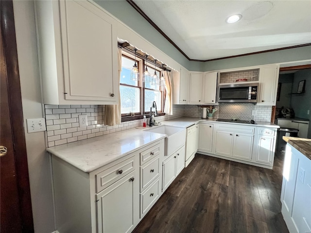 kitchen featuring stainless steel microwave, dishwasher, dark wood-style flooring, a sink, and tasteful backsplash