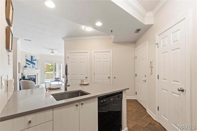 13101 Mill Crossing Ct Unit 200, Saint Louis, MO 63141 - kitchen with black dishwasher, a sink, crown molding, open floor plan, and light countertops
