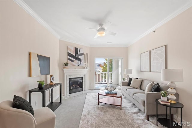 13101 Mill Crossing Ct Unit 200, Saint Louis, MO 63141 - living area featuring crown molding, a ceiling fan, a high end fireplace, carpet, and baseboards