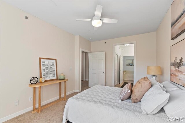 13101 Mill Crossing Ct Unit 200, Saint Louis, MO 63141 - bedroom featuring baseboards, light colored carpet, ensuite bath, and ceiling fan