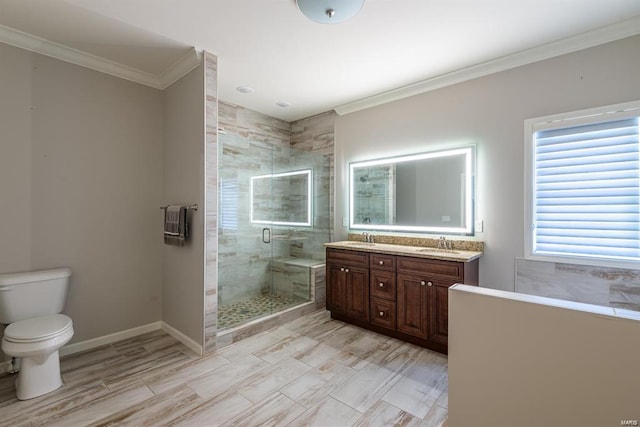 24345 State Route Ww Unit 40/41, Saint Genevieve, MO 63670 - bathroom featuring ornamental molding, a shower stall, toilet, double vanity, and baseboards