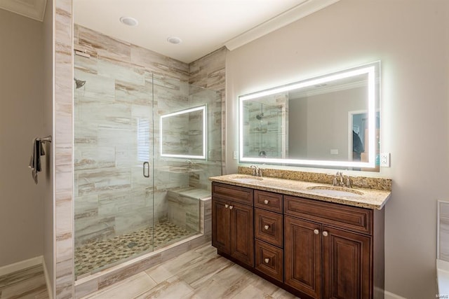 24345 State Route Ww Unit 40/41, Saint Genevieve, MO 63670 - full bathroom with ornamental molding, a stall shower, and double vanity