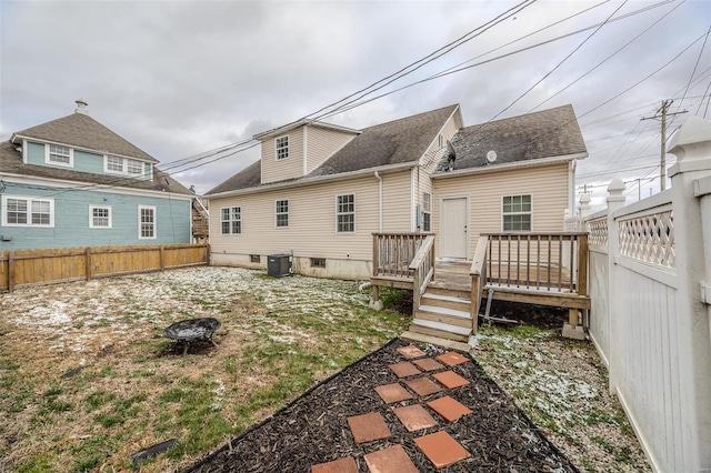 back of house with a fenced backyard, a wooden deck, central AC, and a shingled roof