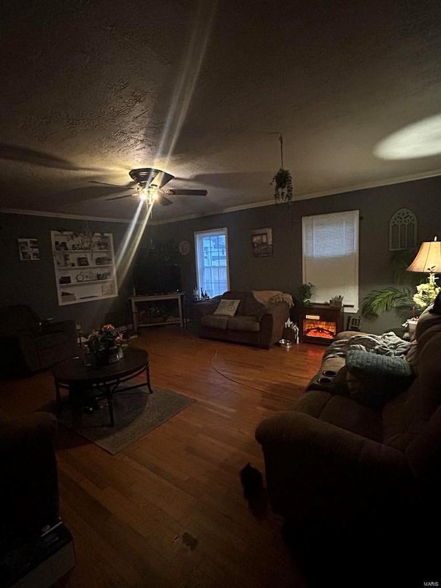 living area featuring crown molding, wood finished floors, and ceiling fan