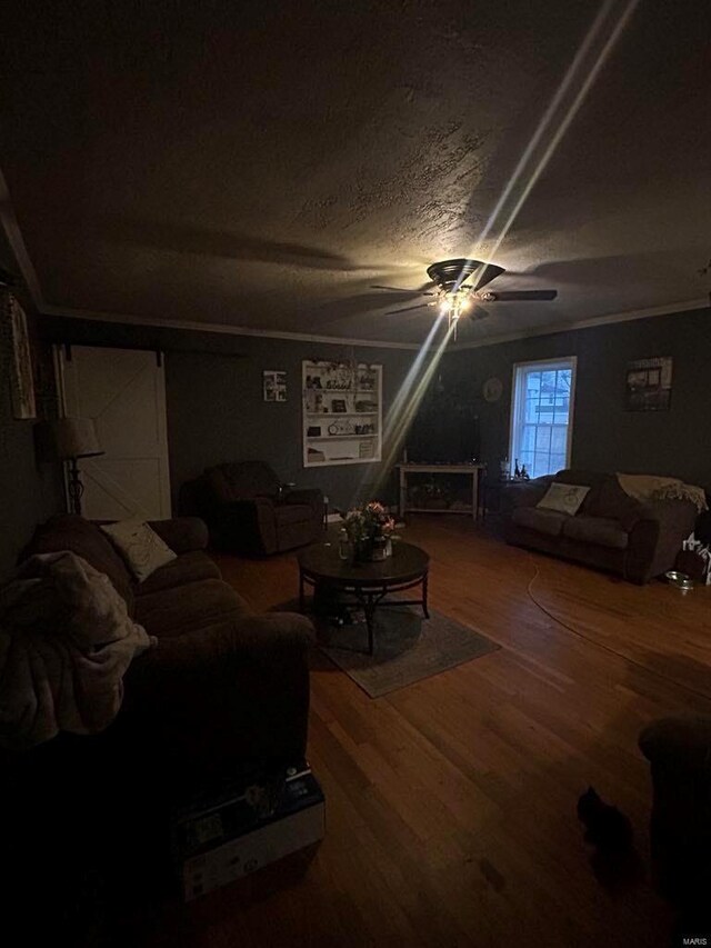 living area featuring a ceiling fan, wood finished floors, and a textured ceiling