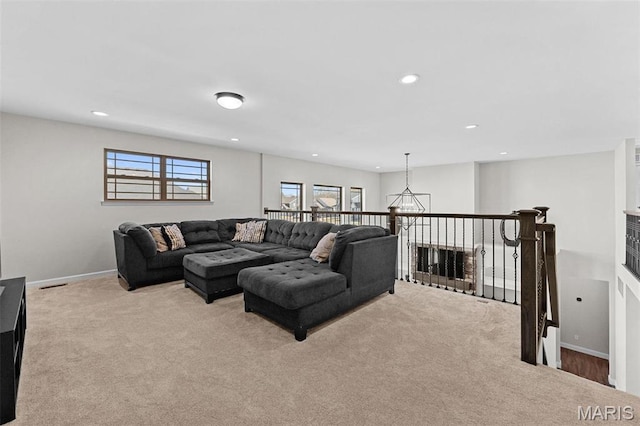 1 Canebrake Ct, Wentzville, MO 63385 - carpeted living room with plenty of natural light, a chandelier, recessed lighting, and baseboards