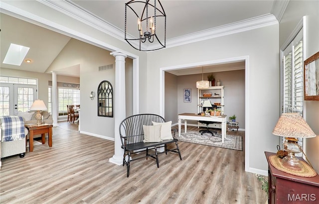 269 Bennington Dr, Troy, MO 63379 - sitting room featuring ornate columns, light wood finished floors, ornamental molding, an office area, and french doors