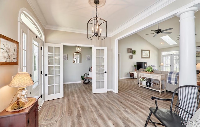 269 Bennington Dr, Troy, MO 63379 - sitting room featuring french doors, light wood finished floors, ceiling fan, crown molding, and vaulted ceiling