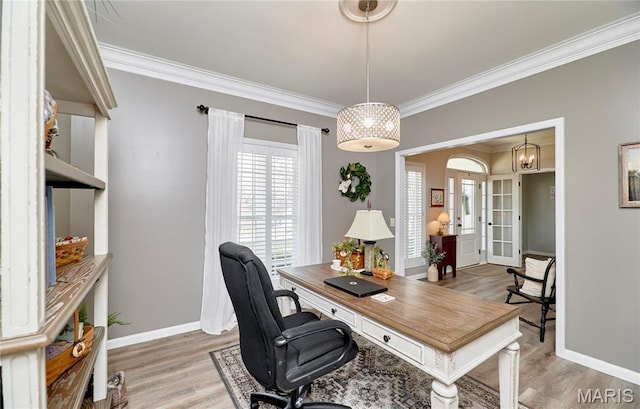 269 Bennington Dr, Troy, MO 63379 - office area with light wood-type flooring, ornamental molding, and french doors