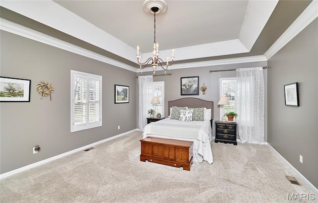 269 Bennington Dr, Troy, MO 63379 - bedroom with a raised ceiling, a chandelier, carpet floors, multiple windows, and crown molding