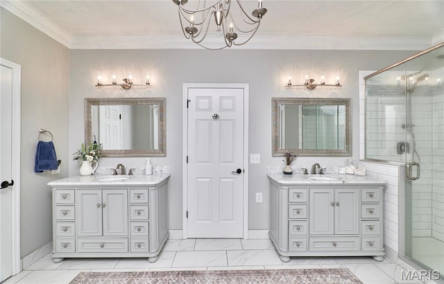 269 Bennington Dr, Troy, MO 63379 - full bathroom featuring a chandelier, a shower stall, marble look tiles, two vanities, and ornamental molding