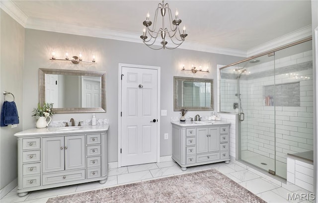 269 Bennington Dr, Troy, MO 63379 - bathroom featuring two vanities, a shower stall, a chandelier, marble finish flooring, and ornamental molding