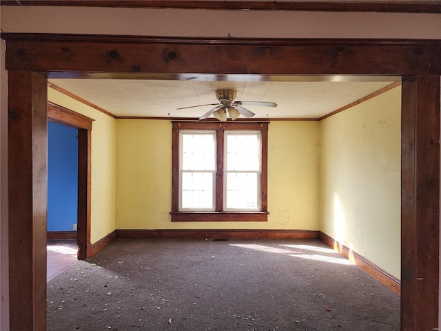 701 Alsey Smith Rd, Alsey, IL 62610 - unfurnished room with ornamental molding, baseboards, ceiling fan, and carpet floors