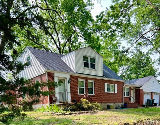 831 S Harrison Ave, Saint Louis, MO 63122 - view of front of home featuring brick siding, a front lawn, a garage, and roof with shingles