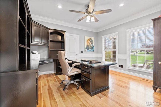 261 US Dr, Wentzville, MO 63385 - home office featuring ceiling fan, light wood-type flooring, ornamental molding, recessed lighting, and wainscoting