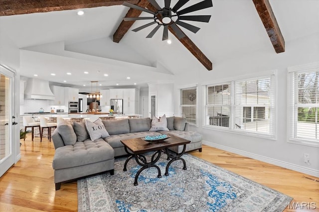261 US Dr, Wentzville, MO 63385 - living room featuring a ceiling fan, beam ceiling, light wood-style floors, baseboards, and high vaulted ceiling