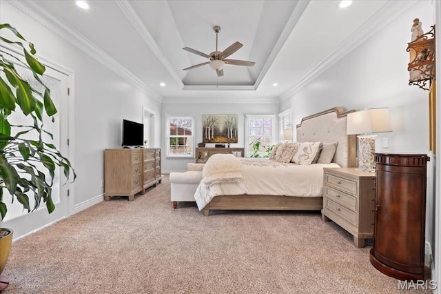 261 US Dr, Wentzville, MO 63385 - bedroom with light colored carpet, recessed lighting, crown molding, a ceiling fan, and baseboards