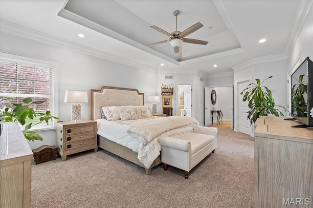 261 US Dr, Wentzville, MO 63385 - bedroom with light carpet, a raised ceiling, recessed lighting, baseboards, and ornamental molding