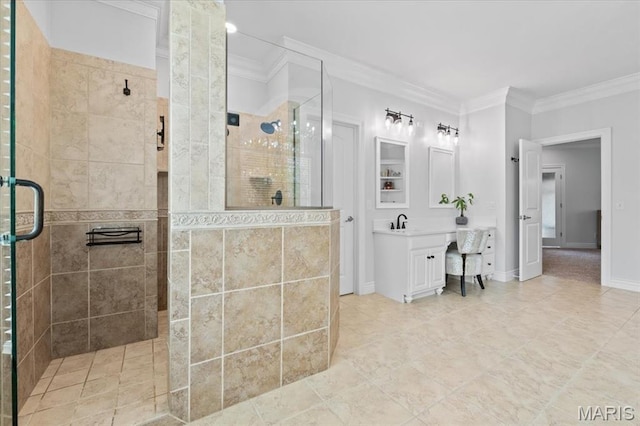 261 US Dr, Wentzville, MO 63385 - bathroom featuring tiled shower, crown molding, vanity, and tile patterned floors
