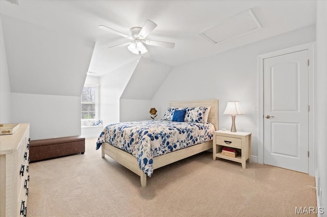 261 US Dr, Wentzville, MO 63385 - bedroom featuring carpet floors, vaulted ceiling, ceiling fan, attic access, and baseboards