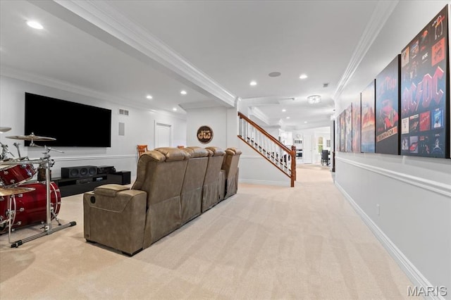 261 US Dr, Wentzville, MO 63385 - carpeted living room featuring ornamental molding, recessed lighting, stairs, and french doors