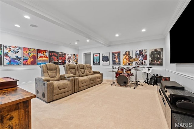 261 US Dr, Wentzville, MO 63385 - carpeted living area featuring recessed lighting, ornamental molding, beamed ceiling, and baseboards