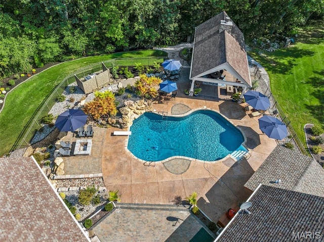 261 US Dr, Wentzville, MO 63385 - view of swimming pool featuring a patio area, fence, a diving board, a gazebo, and an outdoor structure