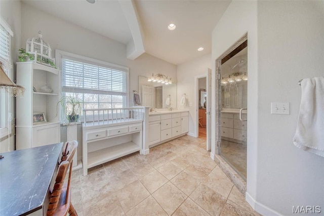 17205 Elk Prairie Dr, Rolla, MO 65401 - bathroom with vanity, beam ceiling, baseboards, and recessed lighting
