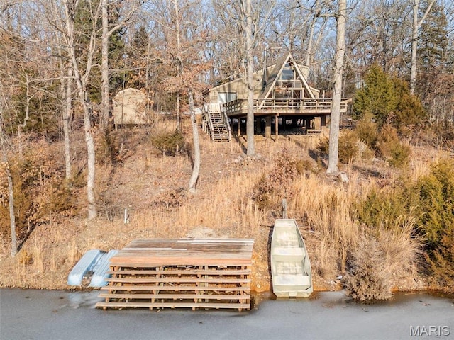 372 Alpine Lake Dr, Wright City, MO 63390 - view of yard featuring a wooden deck and stairway