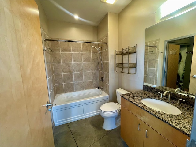 bathroom with tile patterned flooring, toilet, shower / tub combination, and vanity