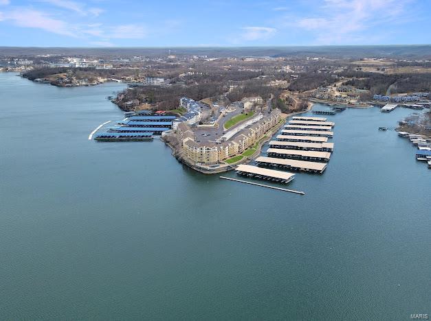 bird's eye view of a large body of water and numerous boat docks