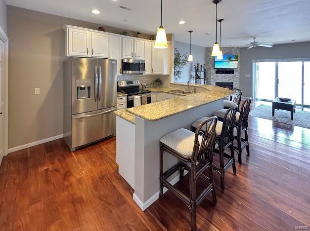 kitchen with stainless steel appliances, a peninsula, ceiling fan, a sink, and dark wood-style floors